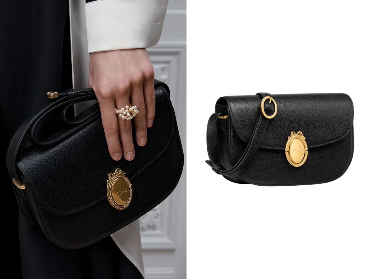 Dior Medallion 黑色粒面小牛皮中型翻蓋包，NT.135,000