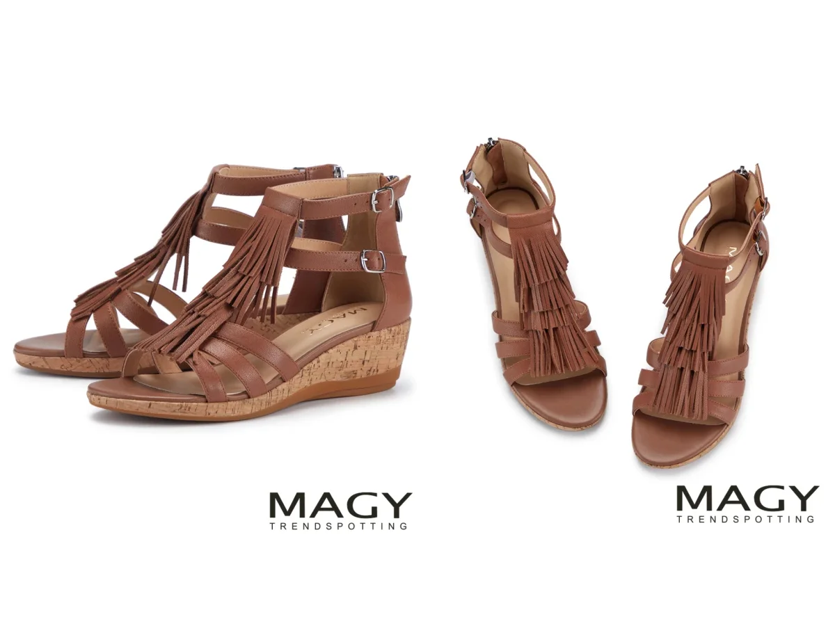 MAGY 時髦流蘇羊皮楔型羅馬涼鞋