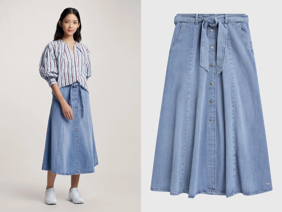 TOMMY HILFIGER 繫帶修身喇叭牛仔中長裙裝，NT.1,794