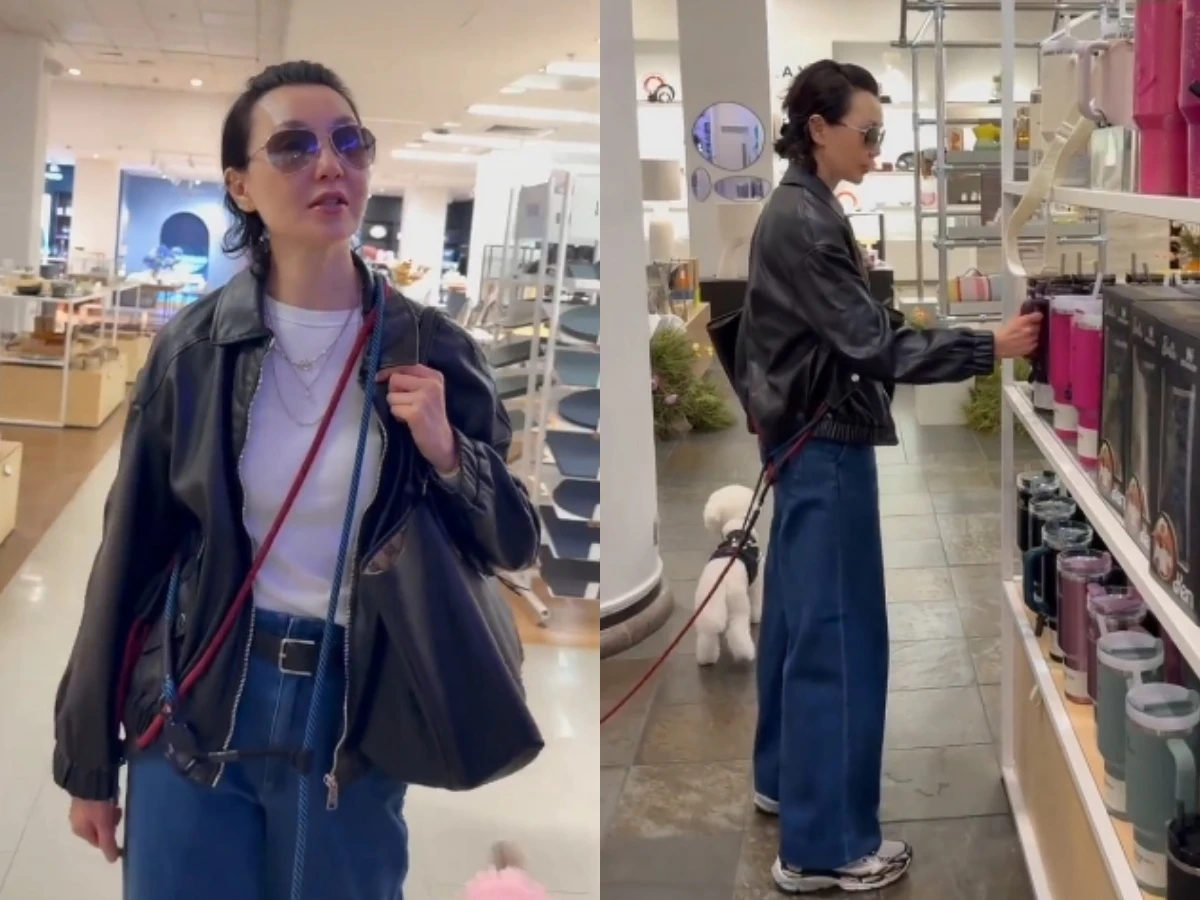 張曼玉逛街穿搭！皮衣牛仔褲+「BALENCIAGA托特包」，Goyard單肩包變成購物袋