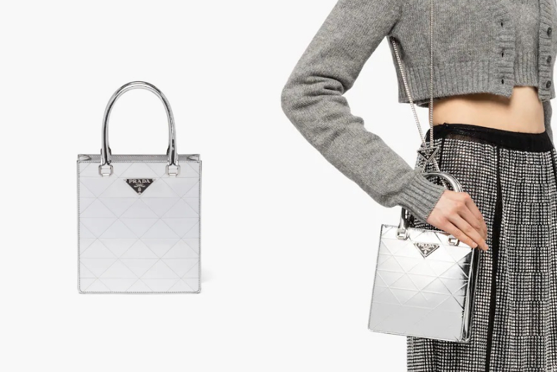 ▲PRADA 小號金屬色皮革手提袋，NT.68,000