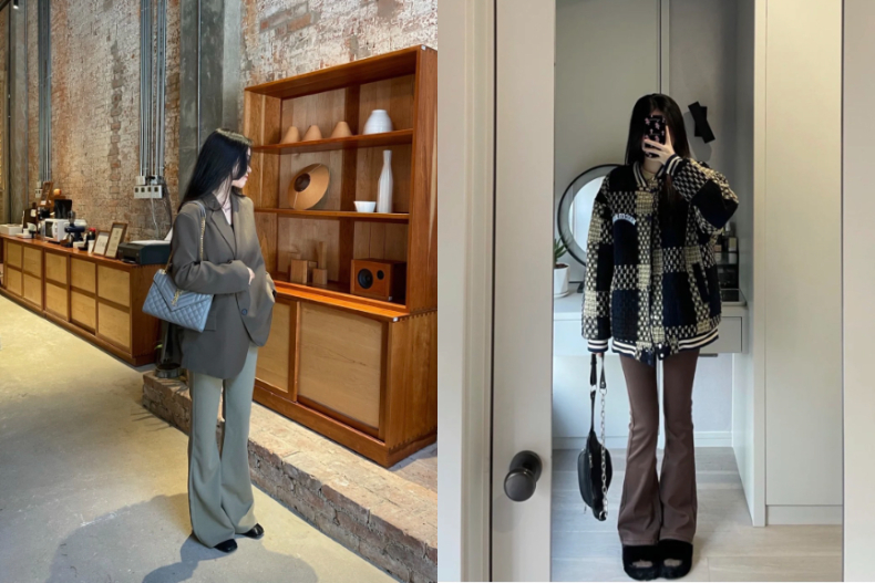 ▲大屁股女生適合落地寬喇叭褲+西裝外套