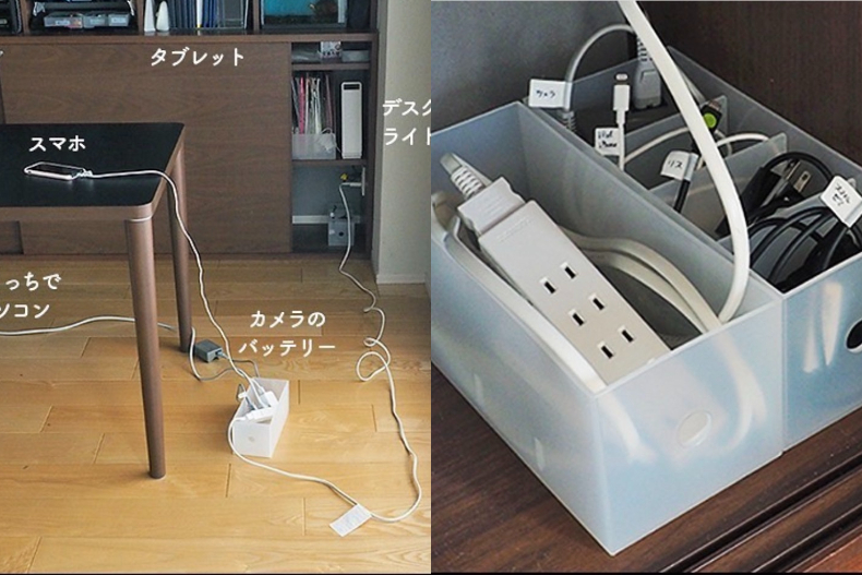 ▲將散落一地的電線用盒子+收線圈收納