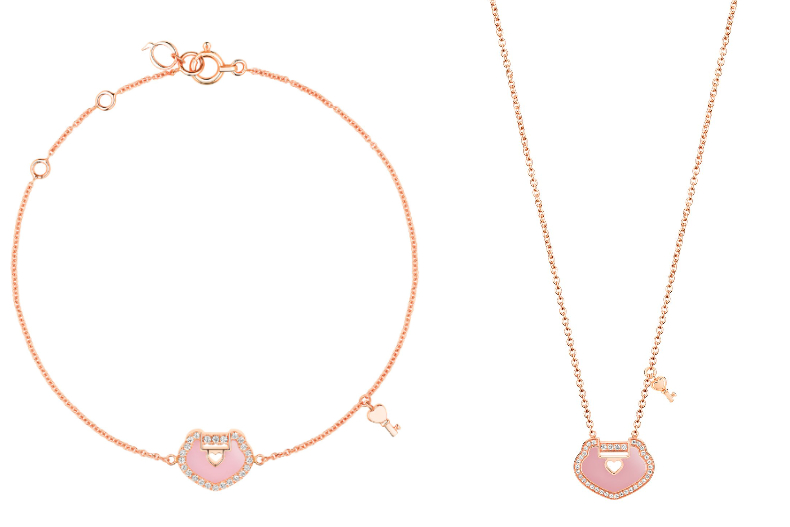 ▲Qeelin YuYi Lock 18K 金鑲鑽粉紅蛋白石小粉鎖手鍊，NT.51,000；項鍊，NT.63,500