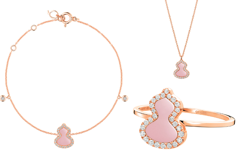 ▲Qeelin Petite Wulu 18K玫瑰金鑲鑽粉紅蛋白石耳環，NT.69,500；項鍊，NT.56,000；戒指，NT.47,500 