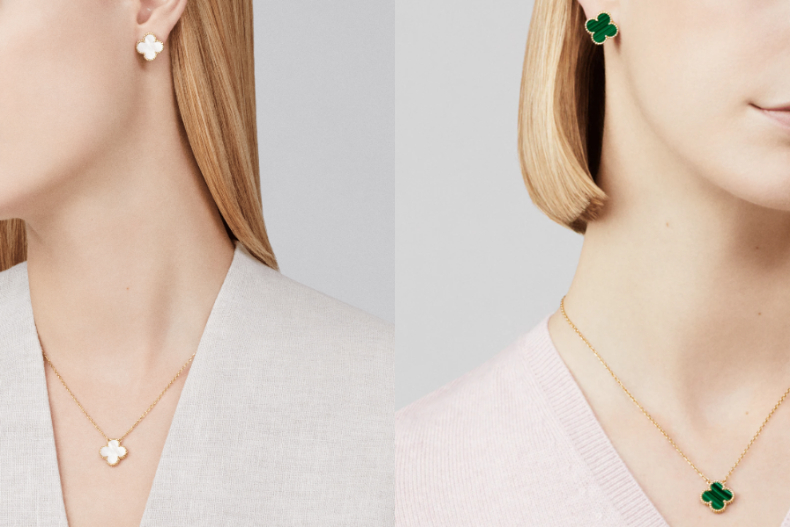 ▲左為Van Cleef & Arpels Vintage Alhambra白K金, 珍珠母貝耳環，NT.121,000；吊墜，NT.83,500；右為黃K金, 孔雀石耳環，NT.131,000；吊墜，NT.90,500