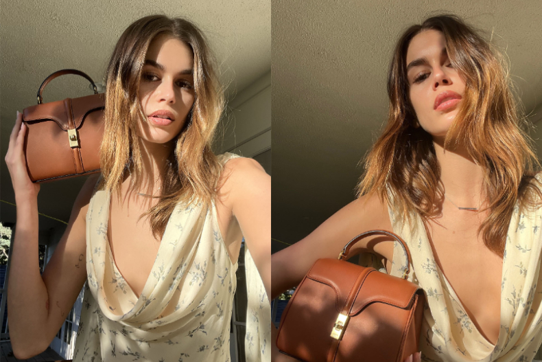 ▲KAIA GERBER親身演繹CELINE 16鎖頭小牛皮革迷你手提包 