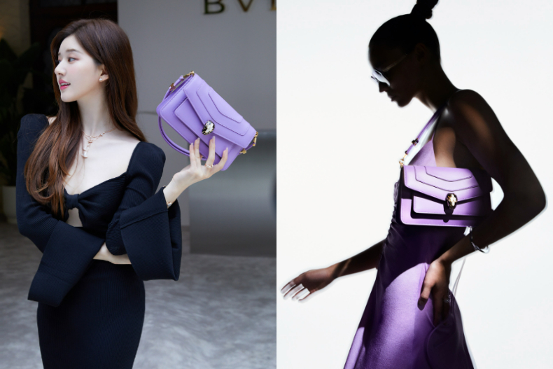 ▲BVLGARI SERPENTI FOREVER EAST-WEST鮮豔紫水晶色小牛皮肩背包，NT.70,900
