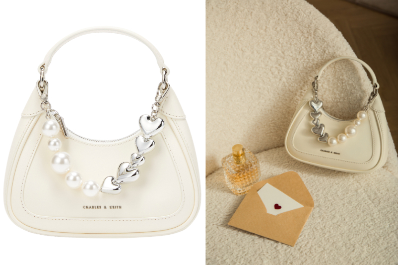 ▲CHARLES & KEITH 愛心珍珠鍊包禮盒，NT.3,990 