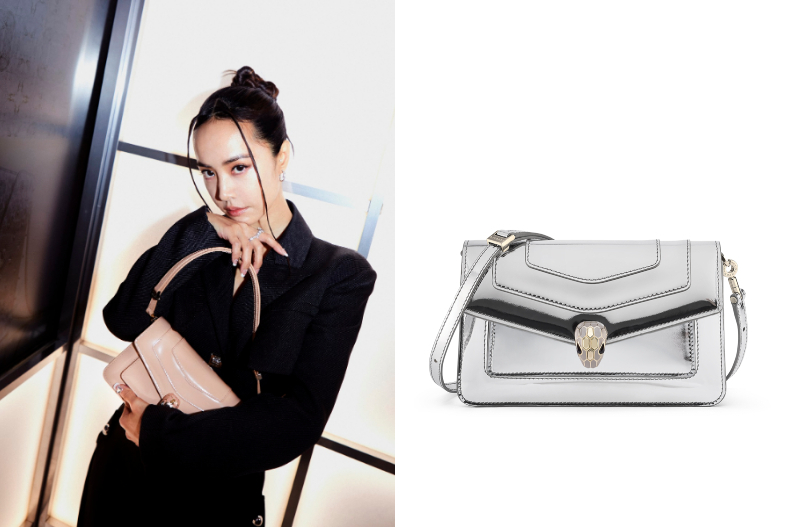 ▲BVLGARI Serpenti Forever East-West銀色鏡面小牛皮肩背包(右)，NT.83,000