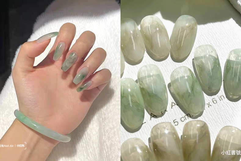 意外超顯白！俏皮溫柔「暈染綠色系」美甲圖鑑，玉石紋理、冰透烏龍奶綠美到哭！