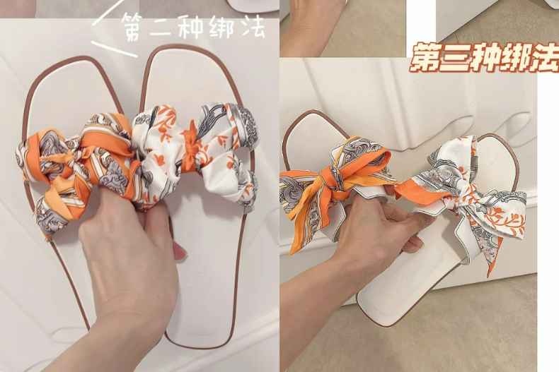 愛馬仕絲巾新用法！3步驟學會「蝴蝶結涼鞋」綁法，手殘黨女生也能輕鬆會